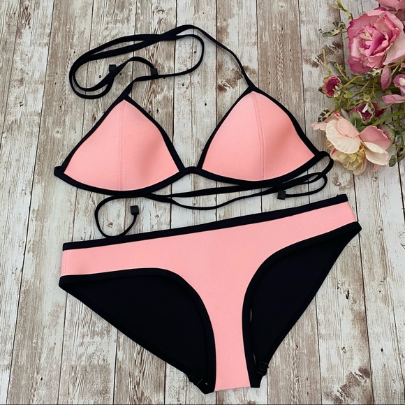TRIANGL Swimwear Pink/Black Neoprene Triangle Bikini Swim Set Size S/L - Picture 2 of 14